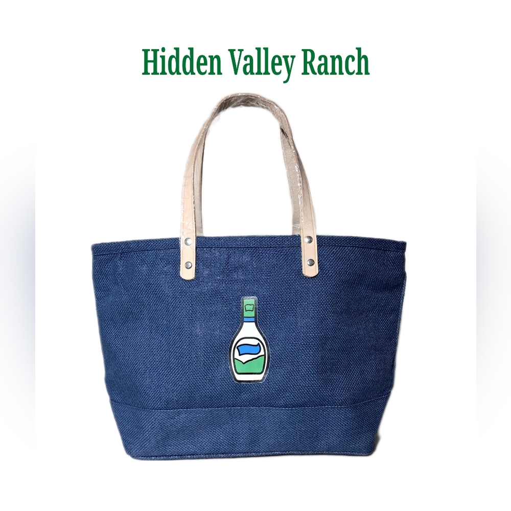 Tote Bags Hidden Valley Ranch Bottle Decal Blue Tweed Leather Shopping Totes